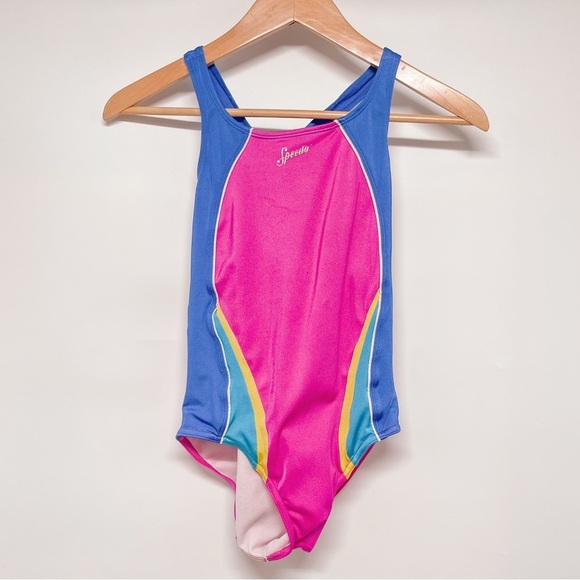 Vintage Neon Speedo One Piece Swimsuit Bathing Suit Racerback Pink Blue Yellow - Picture 1 of 5